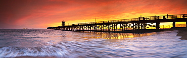 Long exposure panorama of waves and pier at seal Beach, Orange County, California, USA