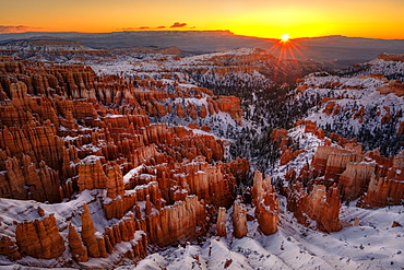 Majestic scenery of rock hoodoos in Bryce Canyon National Park in winter at sunrise, Utah, USA