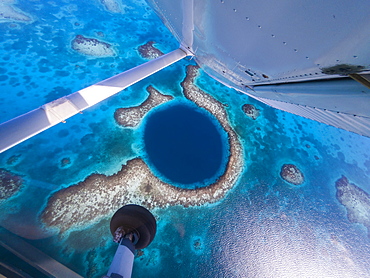 View from flying plane of Great Blue Hole, Belize