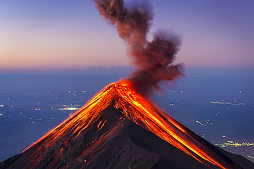 Majestic view of Fuego Volcano erupting at sunrise, Guatemala