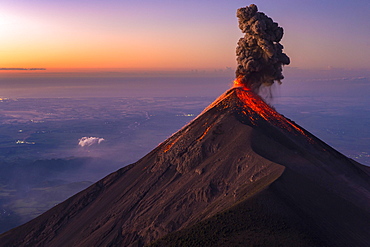 Majestic view of Fuego Volcano erupting at sunrise, Guatemala