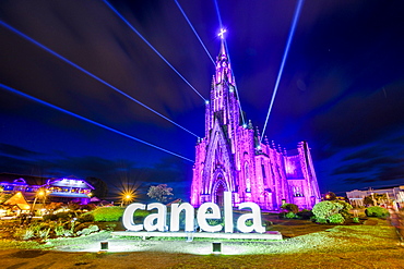 Rock Cathedral at night with lights on in central Canela, Rio Grande do Sul, Brazil