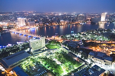 High angle view of illuminated city at night, Zamalek, Cairo, Egypt