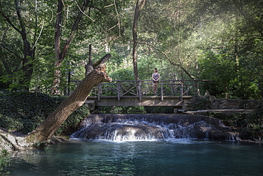 Lone woman standing on footbridge above river in forest, Monasterio de Piedra, Zaragoza Province, Spain