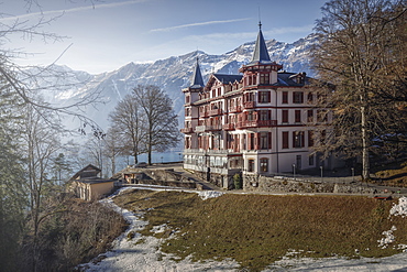 Exterior of hotel against mountains, Interlaken, Bern Canton, Switzerland