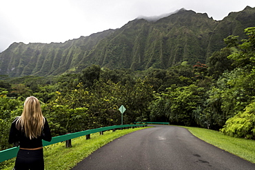 Rear view shot of blonde woman standing in scenery with road and mountains, Kaneohe, Oahu, Hawaii Islands, USA