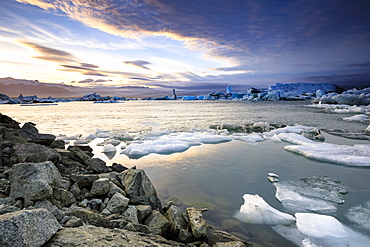 Majestic natural scenery of icebergs floating on water in Jokulsarlon glacier lagoon, Iceland