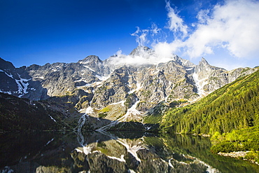 Majestic view of lake of Morskie Oko and mountains, Tatra Mountains, Malopolskie Province, Poland