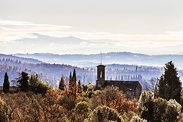 Typical Tuscan landsape with a church spire.