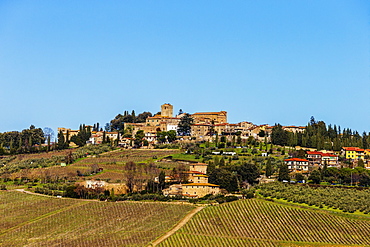 Typical Tuscan landscape with a hill town and vineyard.
