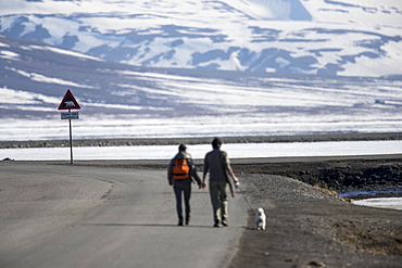 Couple with dog walking along road with bear warning sign in distance, Longyearbyen, Svalbard and Jan Mayen, Norway