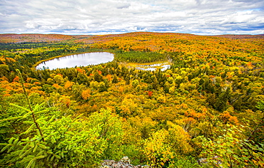 Beautiful nature photograph with scenic view of forest and lake, Oberg Mountain hiking trail, Tofte, Minnesota, USA