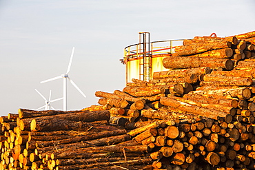 Logs bound for a biofuel power station in Workington next to oil tanks in Workington port, Cumbria, UK, with a wind farm in the background