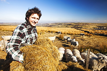 Walter Clay a farmer feeding his sheep on Ovenden moor near Keighley, West Yorkshire, UK.