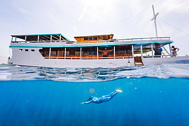 Freediving under a boat, Komodo, Nusa Tenggara Timur, Indonesia