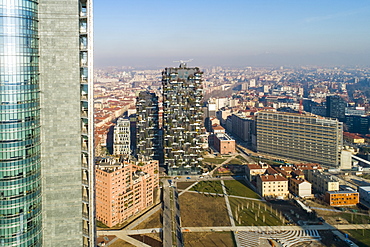 Aerial view of business district, Milan, Lombardy, Italy