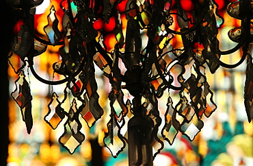 Close up of chandelier against blurred background in San Sebastian Church, only all-steel church in Asia, Manila, Philippines