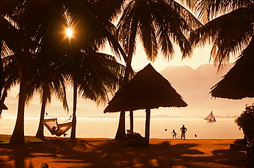 Family on beach with palm trees at sunset with woman lying in hammock, Badian, Cebu, Philippines