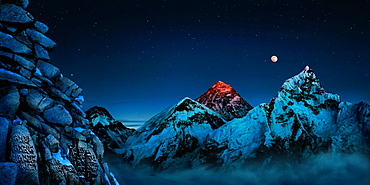 Landscape with full moon over Mount Everest, prayer wall and Mount Nuptse, Kala Pattar, Khumbu, Nepal