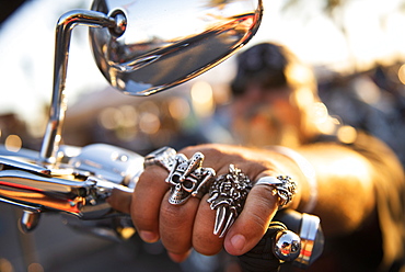 Detail of rings of motorcyclist during motorbike show in Rocky Point, Sonora, Mexico