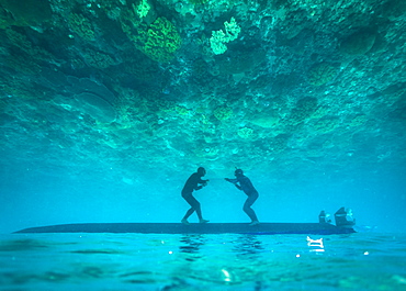 Two freedivers having fun underwater, Nusapenida, Bali, Indonesia