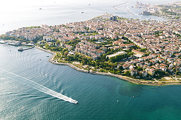 Aerial view of seaside built-up area and harbor, Istanbul, Turkey