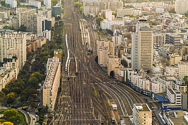 View of train tracks leading to Gare Vaugirard, Falguiere and Moulin de la Vierge neighborhoods in Paris seen from Montparnasse Tower, France