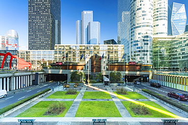 Modern architecture and towers, skyscrapers in La Defense. La Defense is a major business district, three kilometers west of the city limits of Paris, France