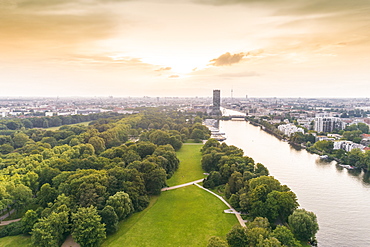 Aerial view of Berlin Treptower Park with city skyline on background, Berlin, Germany