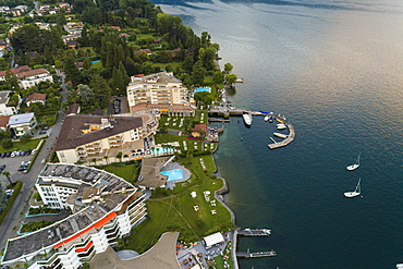 Aerial view of Ascona town promenade on Lake Maggiore, Locarno, Canton Ticino, Switzerland