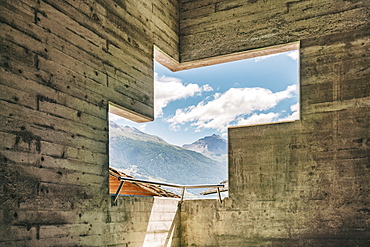 View of mountains from interior of Saint-NicolasÂ Church inÂ Heremence, Â Valais, Switzerland