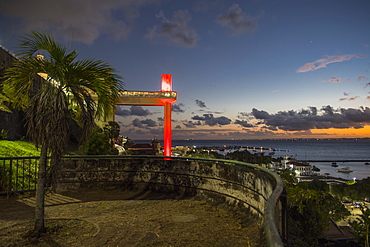 View from terrace on town with harbor at sunset, Salvador, Bahia, Brazil