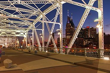 Illuminated Shelby Street Pedestrian Bridge at dusk, Nashville, Tennessee, USA