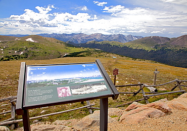 The distant Gore Range is one of many views along Colorado's Trail Ridge Road Scenic Byway as it crosses both the Continental Divide and the width of Rocky Mountain National Park, USA