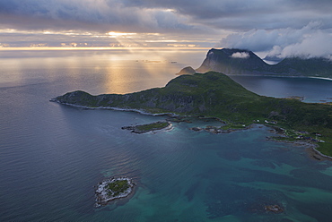 Majestic landscape with coastal mountains at sunrise, Offeroykammen, Vestvagoya, Lofoten Islands, Norway