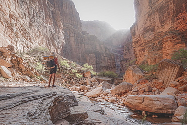 Rear view shot of female hiker standing in Grand Canyon, Arizona, USA