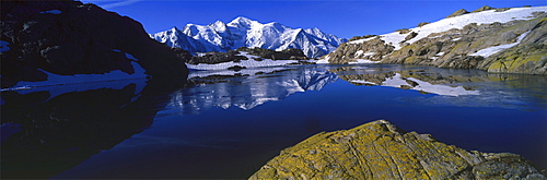 Panoramic of high mountain peaks in the Alps.