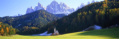 Panoramic of high mountain peaks in the Alps.