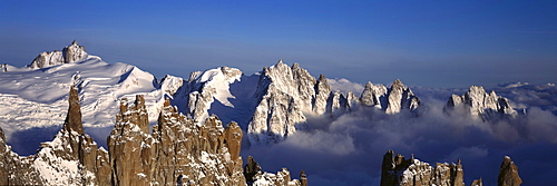 Panoramic of high mountain peaks in the Alps.