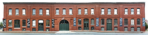 A block of buildings in the Old Port area of Portland, Maine. This panorama is a composite photo.