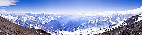 A panorama of the Andes mountains of Chile taken from near the summit of Volcan San Jose