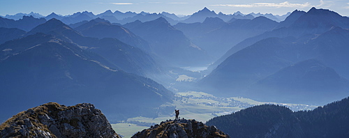 Climber on summit of Aggenstein (1987m) with Tannheimer Tal (Aus.) in background, Allgäu, Bavaria, Germany