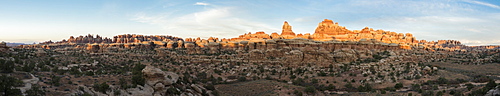 Panorama of sandstone hoodoos within the Chessler Park and Joint Trail hike, Needles District, Canyonlands National Park, Monticello, Utah.