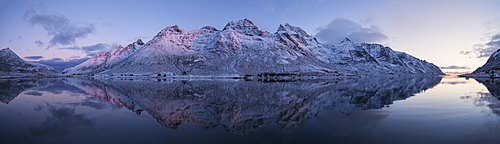 Soft twilight glow of December Mørketid - Polar Night in Skjelfjord, Flakstadøy, Lofoten Islands, Norway