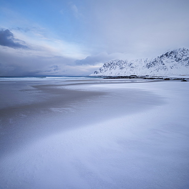 Snow Covered Skagsanden Beach In Flakstad, Lofoten Islands, Norway