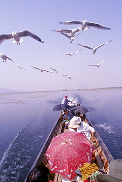 Local villagers travel to market in this taxi-boat on Inle lake in eastern Myanmar(Burma).