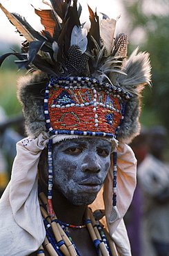 A good, benevolent witch doctor,or bwanavide, dressed for a healilng ceremony in the village of Kikondja in eastern Congo.