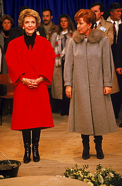 Nancy Reagan and Raisa Gorbashov stand together in Geneva, Switzerland.