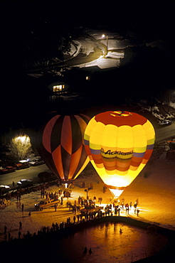 A nighttime balloon lift during Snowdown, a small town winter carnival in Durango, Colorado