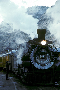 Coal-fired, steam-powered locomotive at the home yard of the Durango & Silverton Narrow Gauge Railroad, Durango, Colorado